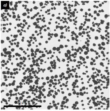 Micrographs of steel (316L) (a, c) and AlSi10 (b, d) Powders used for powder characterization; (a, b) Light microscopy, transmitted light, bright field, 80×; (c, d) SEM, SE, WD 10 mm, EHT 10 kV, 500×