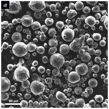 Micrographs of steel (316L) (a, c) and AlSi10 (b, d) Powders used for powder characterization; (a, b) Light microscopy, transmitted light, bright field, 80×; (c, d) SEM, SE, WD 10 mm, EHT 10 kV, 500×