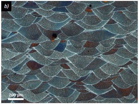 Microstructure formation appropriate to laser direction for SLM samples, a) X3NiCoMoTi18-9-5 (1.2709), SLM, V2A-etchant, cross-section 100×; b) AlSi10Mg, SLM, 10%-NaOH etched, longitudinal section, 100×