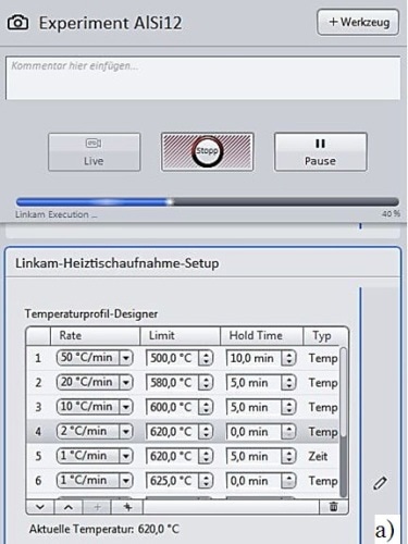 “Linkam experiment mode” in ZEISS ZEN 2 core for the Al-Si 12. Alloy melting investigation. Detailed picture of “heating stage control” setup (a) and heating ramp diagram (b)