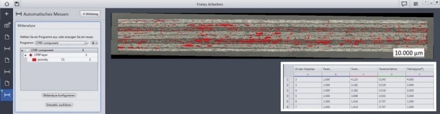 Output image showing the segmented porosity (red) and output data table