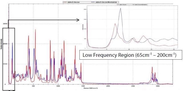 The Raman spectra of a-D-Glucose (red) and a-D-Glucose Monohydrate (blue) using 10s integration time. Note the significant difference between the two pseudo- polymorphs within the low frequency range of 65cm-1 to 200cm-1.