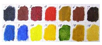 Oil paints on canvas: Paynes Gray (1), Indian Red (2), Alizarin Crimson (3), Cadmium Red (4), Mars Yellow (5), Mars Red (6), Burnt Umber (7), Ultramarine (8), Cobalt Blue (9), Cadmium Lemon (10), Cadmium Yellow (11), Sap Green (12), Yellow Ochre (13), Naples Yellow (14).