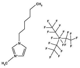Chemical structure of 1-hexyl-3-methylimidazolium tris(pentafluoroethyl)trifluorophosphate