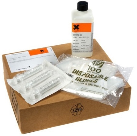 Typical hazardous materials supplies for shaker kits. They require safety training and proper storage.