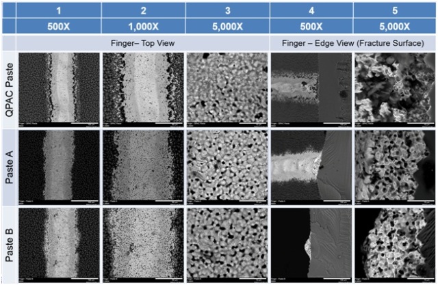 SEM images of finger lines from each paste (after firing).