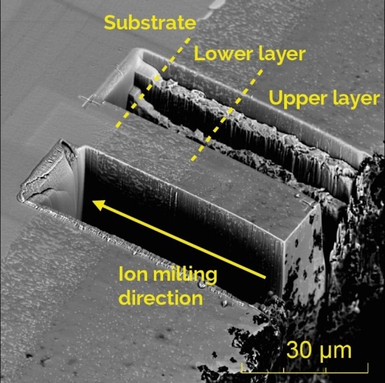 Ion milling of silicon enriched nickel aluminide diffusion coating (SEM)