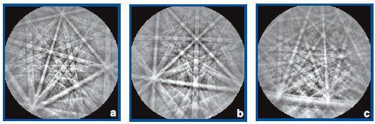 EBSD patterns from the a) ferrite, b) austenite, and c) sigma phases