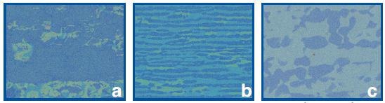 Blended EDS maps for samples heat treated at a) 800°C, b) 900°C, and c)1000°C where molybdenum is colored red, chromium is colored blue, and iron is colored green.