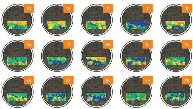2D contour plots showing the distribution and relative abundances for 15 elements detected in the archeological coin.