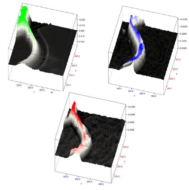 3D representations based on the concentration of H2O (blue), HOD (red) and D2O (green) within the fluidic channel.