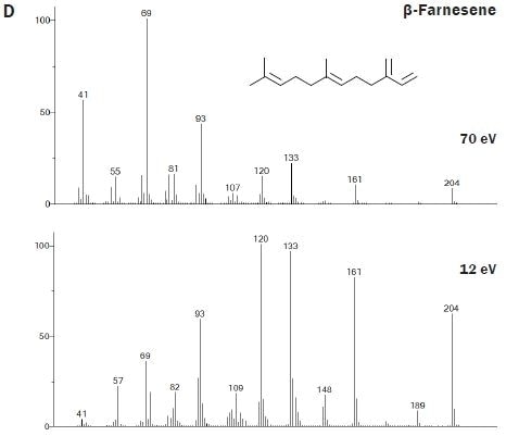 Spectral comparisons at 70 and 12 eV for a selection of the mono- and sesquiterpenoids that are important for contributing the characteristic aroma of hops to beer.