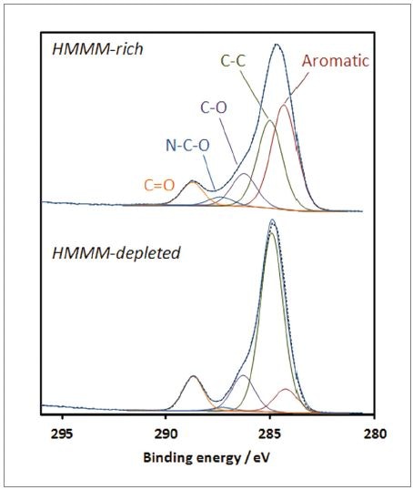 Carbon C1s spectra from HMMM-rich and HMMM-depleted zones.