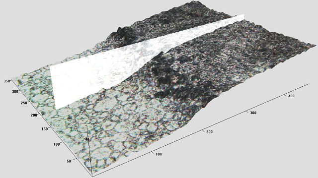 A sample of a polished Ni based superalloy that has been electrolytically etched. The etch profile is visible and the etch depth can be measured using a Zeta-20 Optical Profiler.