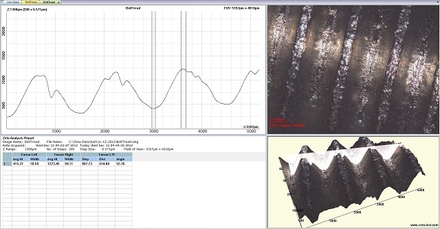 Sectional views of a Co-based superalloy bolt, used as a fixing component in a F1 engine imaged using a Zeta-20 Optical Profiler.  Pitch and roughness information are visible. Optical Profiling gives a 2D projection with an excellent depth of field.