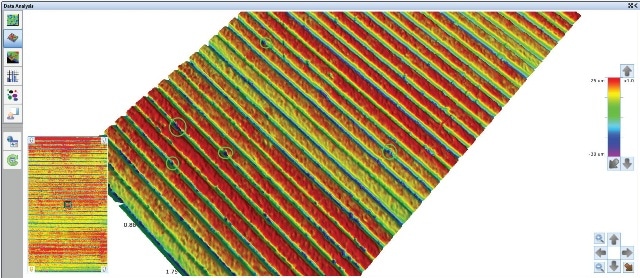 3D display image of corrosion coupon with representative pits circled in green.