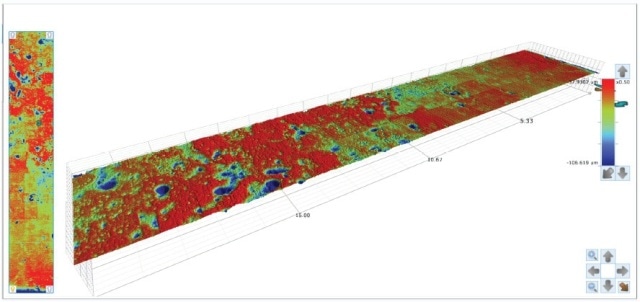 NPFLEX 3D Analysis Plot showing corrosion pits: Linear stitched measurement data from small cylinder coupon captured with NPFLEX.