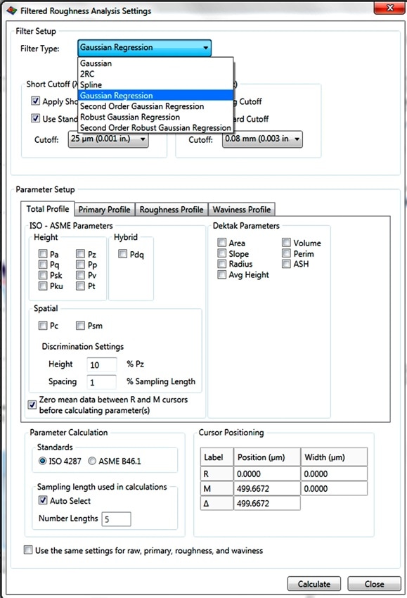 Filtered roughness dialog settings in Vision64 software for DektakXT.