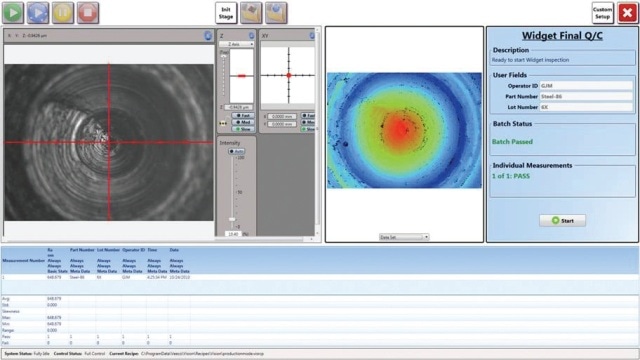 A screenshot of the production interface. The left side image shows the live video image from the camera. The right side shows the measured surface, as well as input fields for Operator ID, Part Number and Lot Number