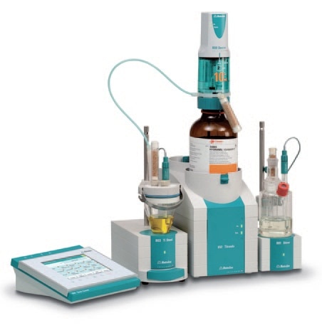 852 Titrando with coulometric and volumetric titration cell for determining trace amounts of water.