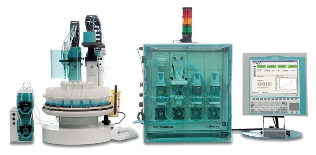 ProcessLab system for the analysis of nickel-plating baths. A completely automated system with sample changer is recommended for the fast and convenient analysis of samples from several production lines.