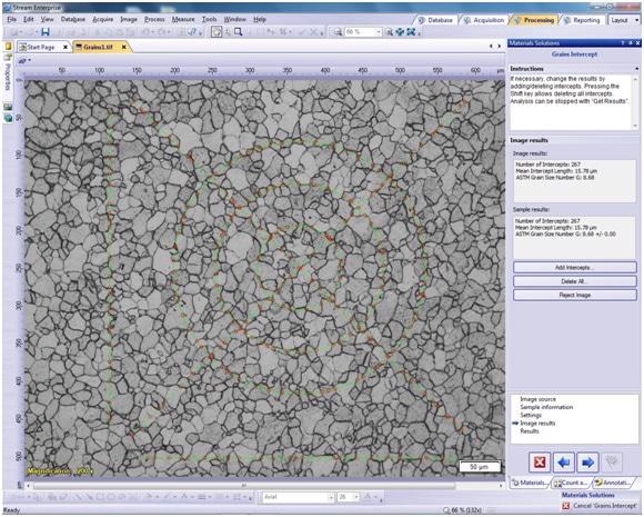 Grains Intercept measurements utilizing ASTM E 112. Image and measurements made using Evident Stream imaging analysis software Grains Intercept Materials Solution.