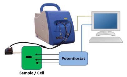 Illustration of the experimental setup for electrochemical Raman experiments.