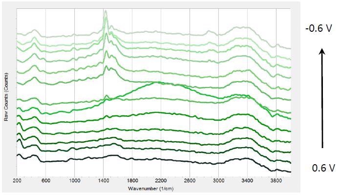Raman spectra at different potentials from 0.6 V to -0.6 V from bottom to top in 0.1V steps.