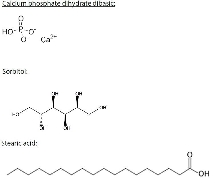 Chemical representation of calcium phosphate dihydrate dibasic, sorbitol, stearic acid, and whey protein