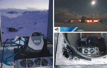 The left panel shows the GRIPS 5 instrument deployed at the Environmental Research Station “Schneefernerhaus” (47.42°N / 10.98°E), located 2650 m above sea level at Germany’s highest mountain Zugspitze. The right panels show the setup of the GRIPS 9 instrument under a dome on top of the roof of the Arctic Lidar Observatory for Middle Atmosphere Research (ALOMAR, 69.28°N / 16.01°E) in Norway during winter 2010/2011.