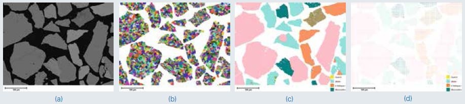 BSE image of the sample showing little contrast (a), particle segmentation image showing the result of segmentation of fine variations in BSE intensity (b), resulting mineral map showing Quartz, Albite, K-feldspar and Muscovite after Particle mode analysis (c), mineral map showing Quartz, Albite, K-feldspar and Muscovite after Mapping mode analysis with 5 µm step size (d).
