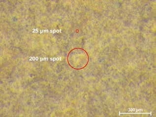 Clay sample in 100x magnification showing obvious inhomogeneity. The red circles indicate the set excitation spot diameters of 20µm and 200µm.