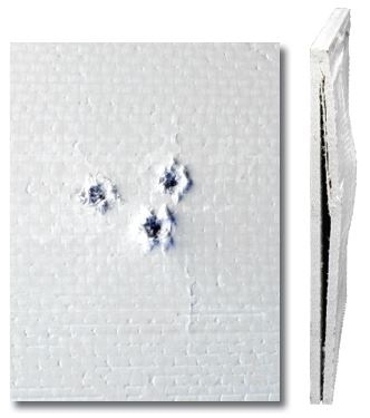 The ply delamination process of energy absorption is illustrated in the photo to the left. Three .44 magnum bullets are totally encapsulated by the fiberglass panel to meet UL 752 Level 3 and NIJ Level 3A specifications.