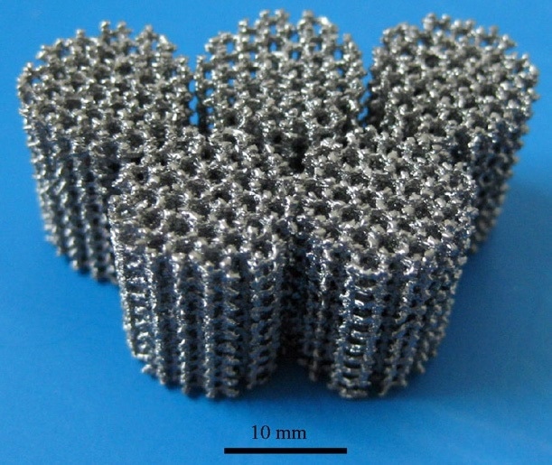 Honeycomb-like structure with controlled porosity for biomedical applications, prepared by a direct metal deposition of Ti64. [2]