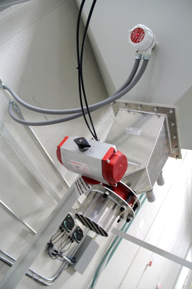 A standard vibrating rod is used in the cone of the surge bins to alert when resin levels are low.