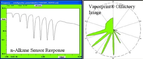 Sensor response to n-alkane vapor standard, here C7-C14, can be displayed as sensor output vs time or its polar equivalent olfactory image