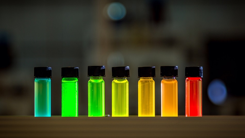 Quantum dots in solution. Luminescent materials can be characterized using fluorescence spectroscopy.