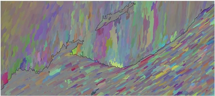 Disorientation colored map, highlighting small orientation colors in both phases.