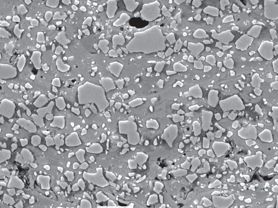 Typical microstructure of WC-17Co HVOF-sprayed coating showing WC grains and binding metal matrix (Scanning Electron Microscope image).