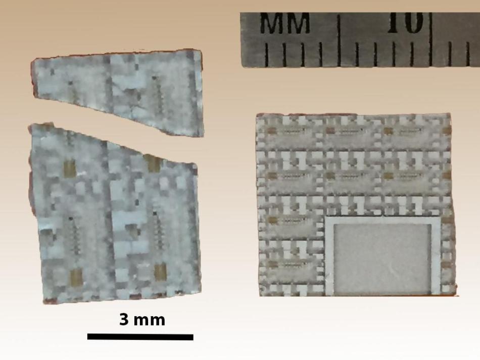 Comparison of sapphire scribed and cleaved with handheld scribers with a sample scribe using the FlipScribe. Left: Sapphire after manual scribe and cleave. Right: Sapphire scribed using the FlipScribe, then cleaved with LatticeGear’s Small Sample Pliers.