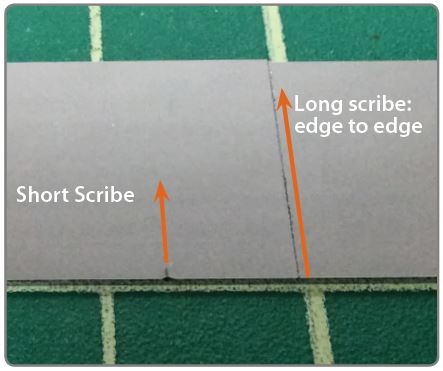 Short scribe is used for crystalline materials and long scribe is used for amorphous materials or for cleaving counter to a crystal plane. The orange lines show the direction of the cleave.