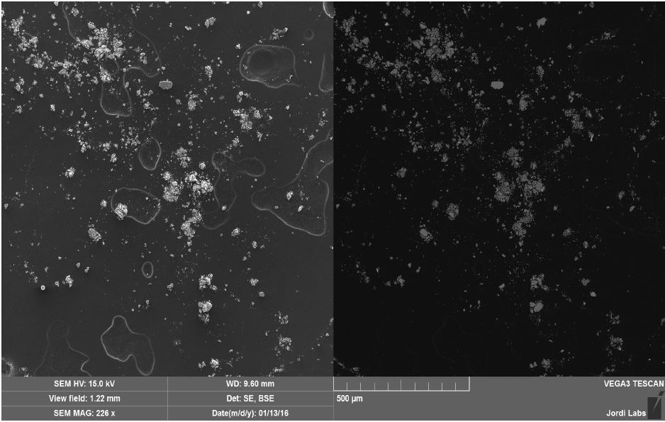 SEM SE (left) and BSE (right) images of Brown Residue.
