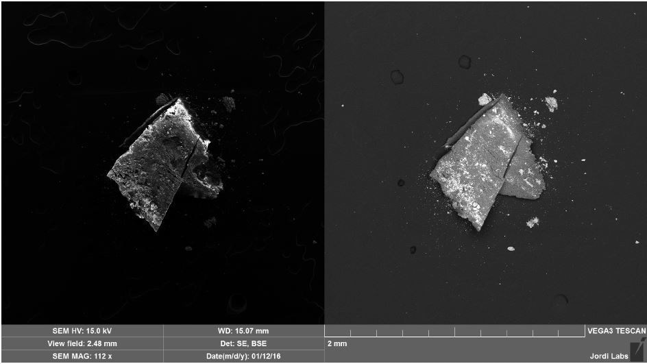 SEM SE (left) and BSE (right) images of Brown Particle after mapping.