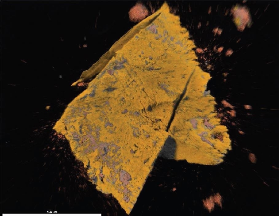 EDX map overlay of Fluorine (yellow) and Iron (reddish-orange).