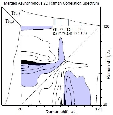 Merged asynchronous 2D correlation spectrum of the time-dependent THz-Raman® spectra showing the