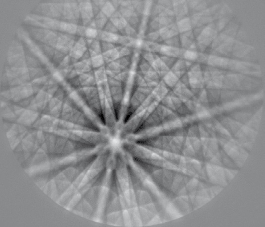 High-resolution EBSD pattern from an as-cast niobium sample (915 x 915 pixel). Exposure time 7 s, with background subtraction.