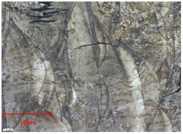 Contrasted specimen. The welded-based microstructure of the manufactured workpiece is clearly visible.