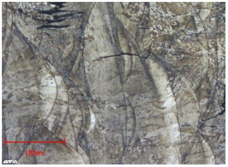 Contrasted specimen. The welded-based microstructure of the manufactured workpiece is clearly visible.