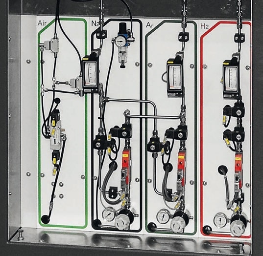 Fully automated multiple gas controls by MFC at a Carbolite Gero graphite chamber furnace, air is only used for pneumatic valves.