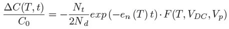 If only one kind of trap with concentration (Nt) is present in the Schottky diode depletion region, the time, t, and temperature, T, dependence of the capacitance transients, ?C(T, t), is equal to